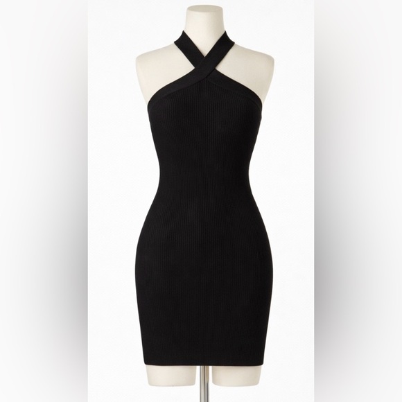 Aritzia Babaton Black Ribbed Halter Bodycon Dress | Cross-Neck | Size M - Picture 4 of 9